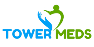 Tower Meds logo featuring a stylized human figure forming a heart shape.