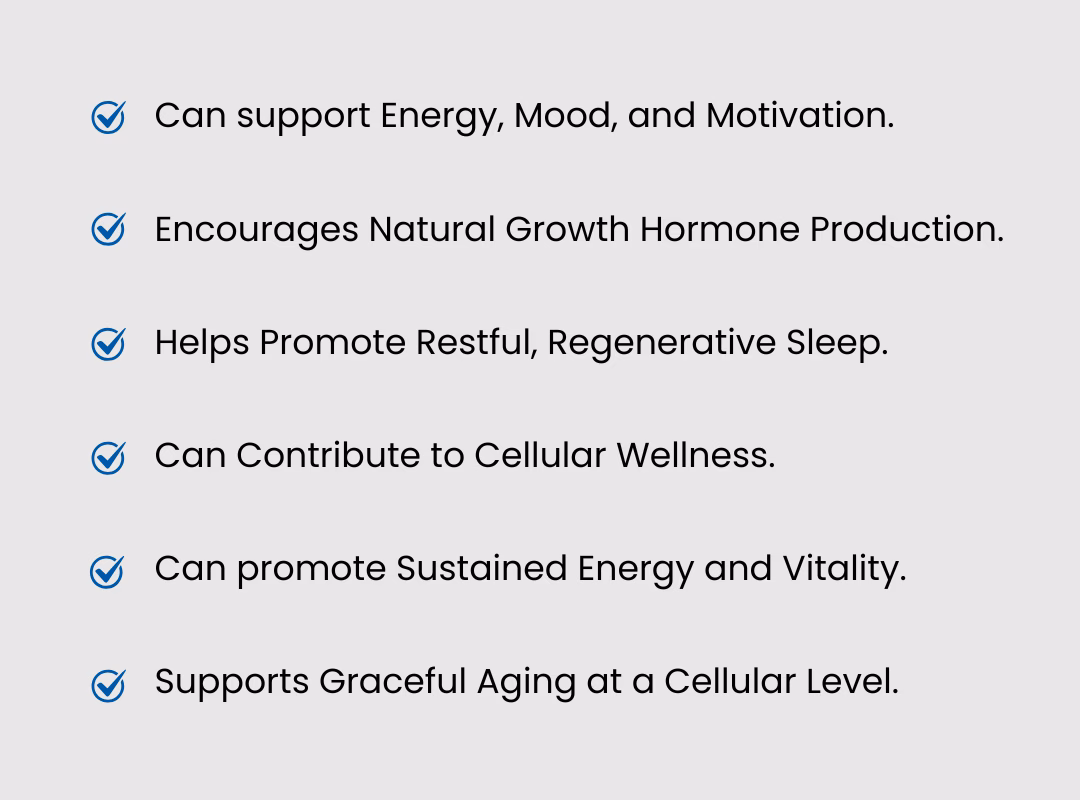 Tower Meds benefits list highlighting support for energy, mood, sleep, and cellular wellness.